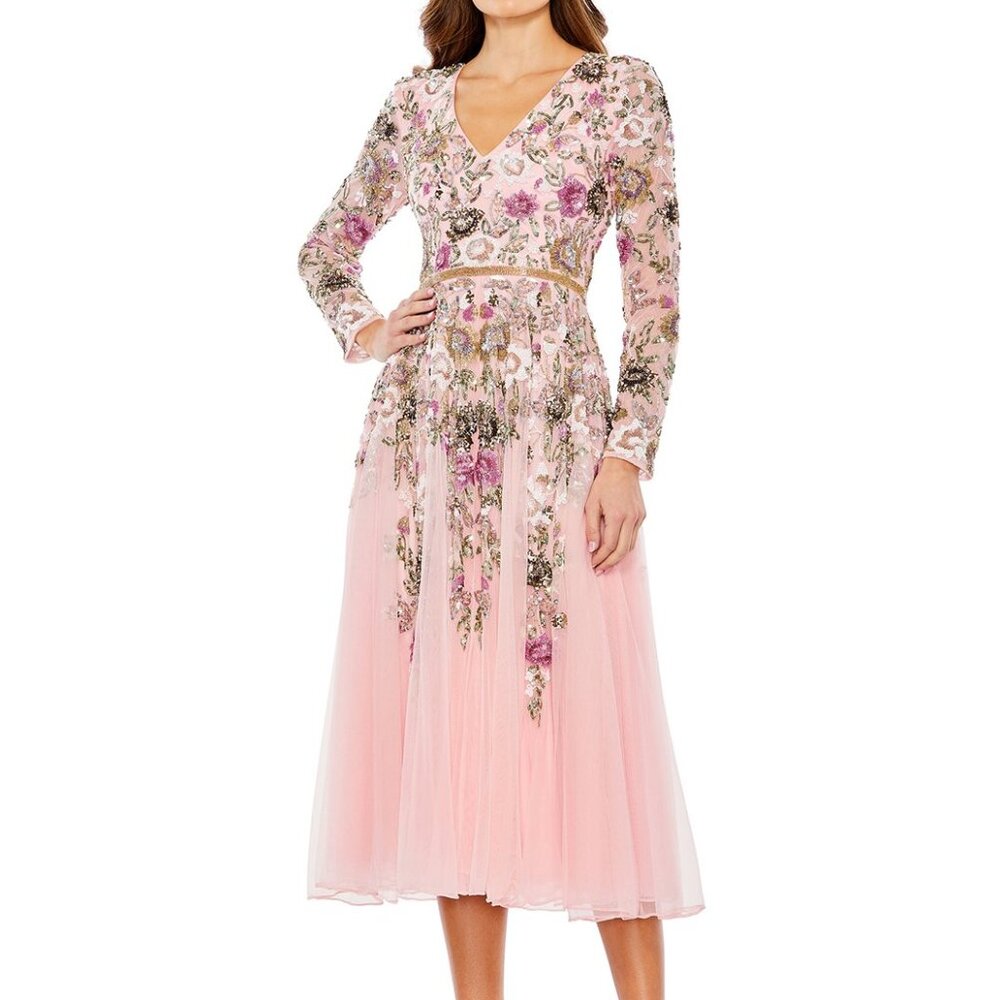NWT Mac Duggal Pink Midi-Length Gown A-Line Floral Embellished Cocktail Dress 14